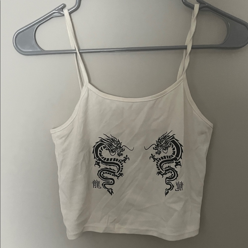ROMWE White Camisole with Black Dragon Design